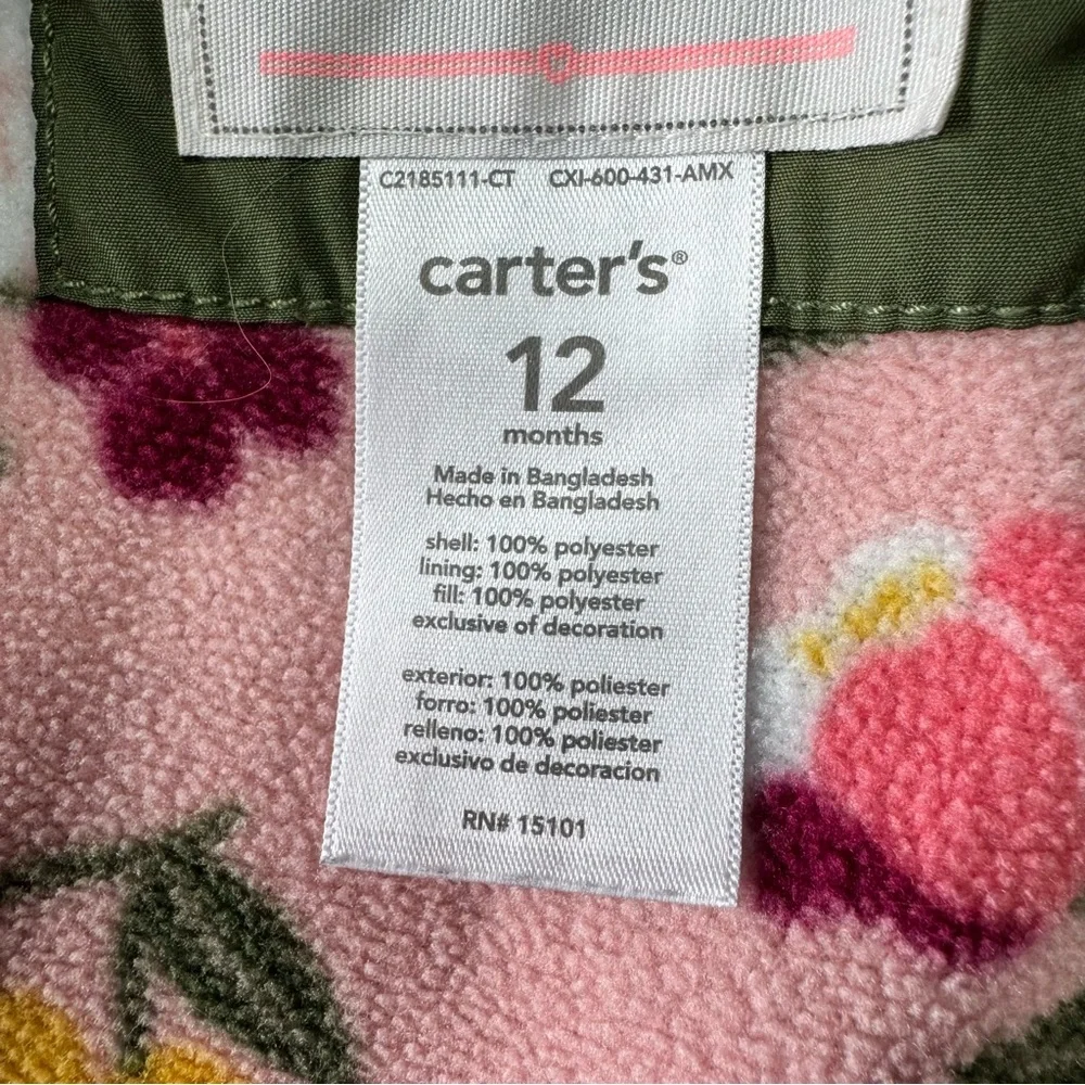 Baby Girl Lightweight Jacket and Fleece Size 12 Months Carter’s Fall Green Pink